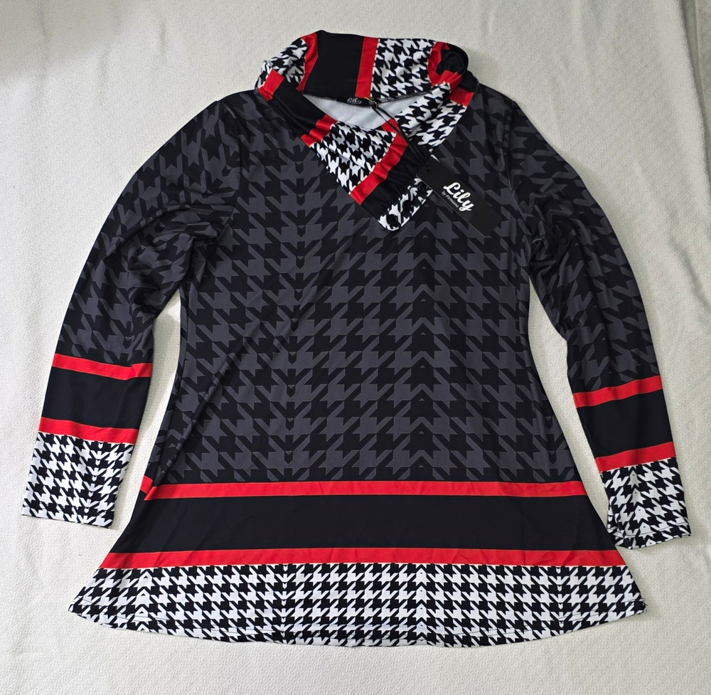 Lily by Firmiana Houndstooth Cowl Neck Knit Stretch Tunic Blouse Red Black Large